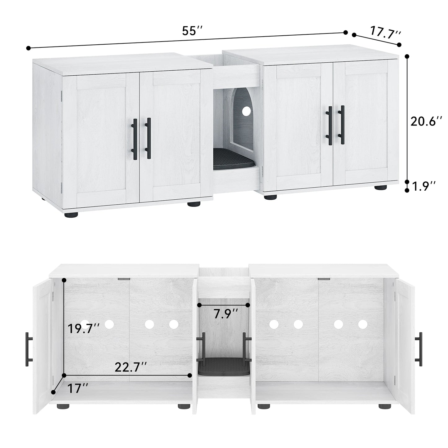 Cat Litter Box Enclosure for 2 Cats, 55" Hiddden Litter Box Enclosure Furniture 3-in-1 Wooden Litter Cabinet with Barn Door & Do
