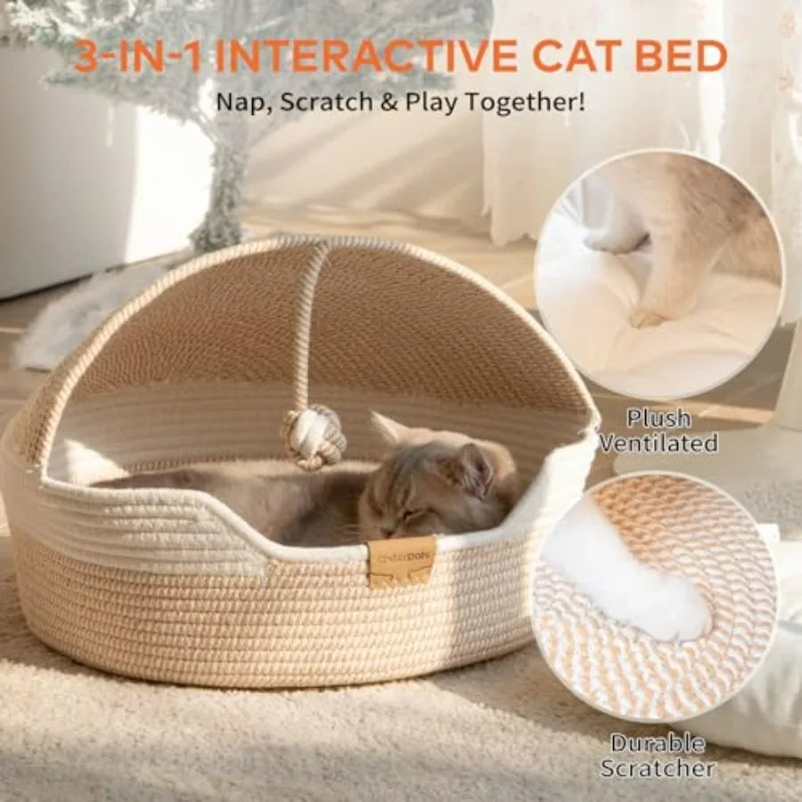 Cat Basket Bed with Washable Cushion and Ball Rope Cotton, Covered Pet Bed for Indoor Cats Cave Bed Hooded, Stimulicat Cat Bed