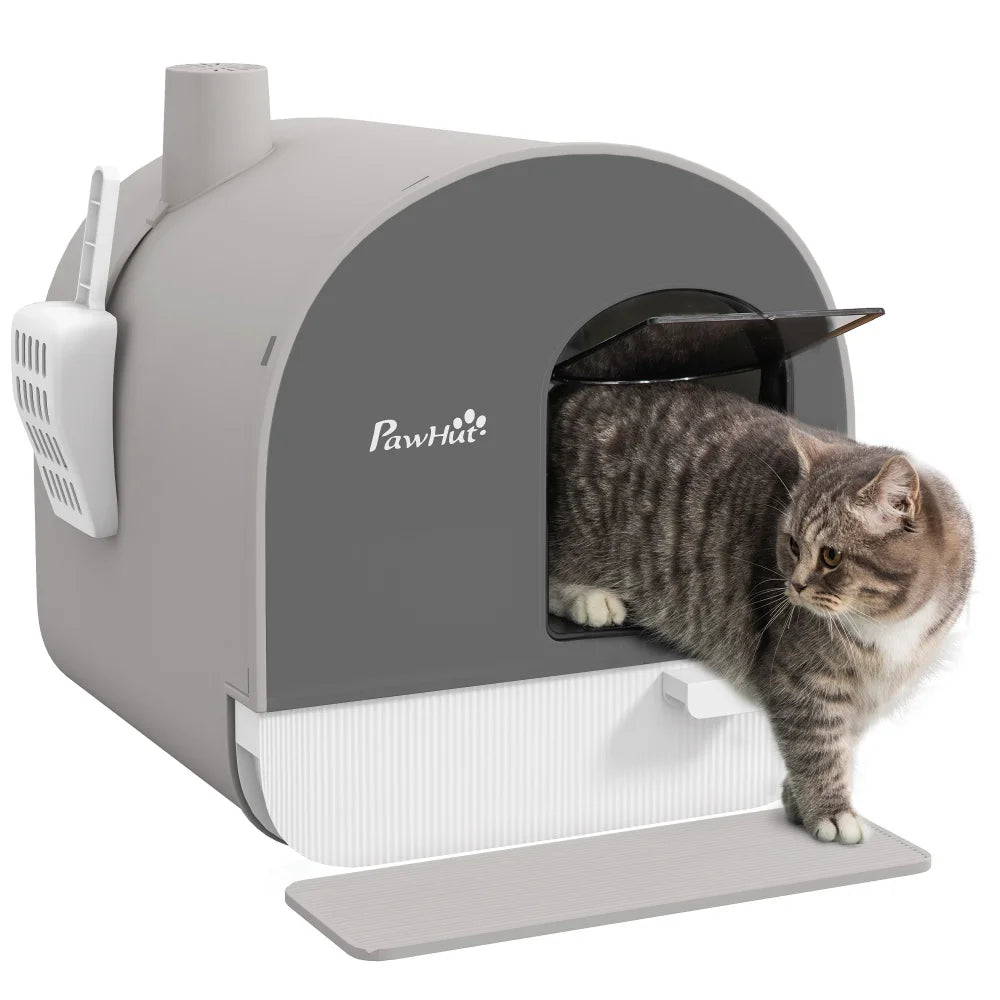 PawHut Cat Litter Box with Lid, Covered for Indoor Cats, Comes with Tray, Scoop, Filter, 17" x 17" x 18.5", Light Gray