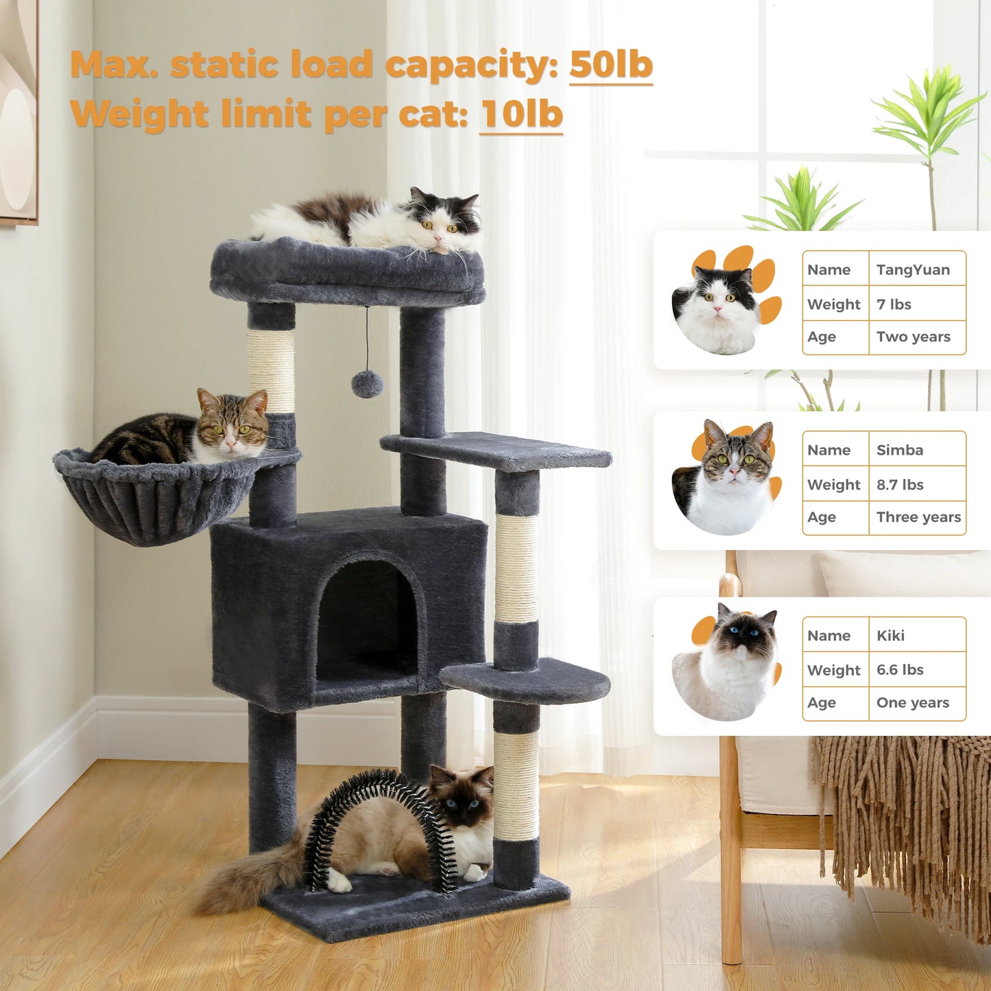 Cat Tree Tower with Condo, Plush Perch, Hammock & Sisal Posts
