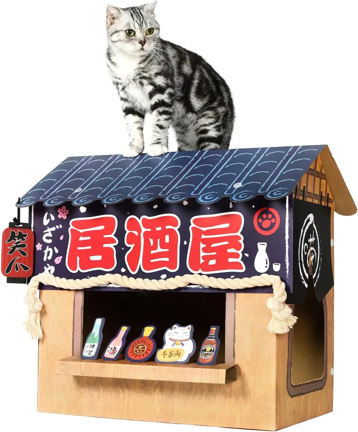 Cat Bed Cardboard House with Scratcher, Izakaya Bar Style, Large Sturdy Indoor Cat Furniture Tent, Easy Assembly Pet Toys