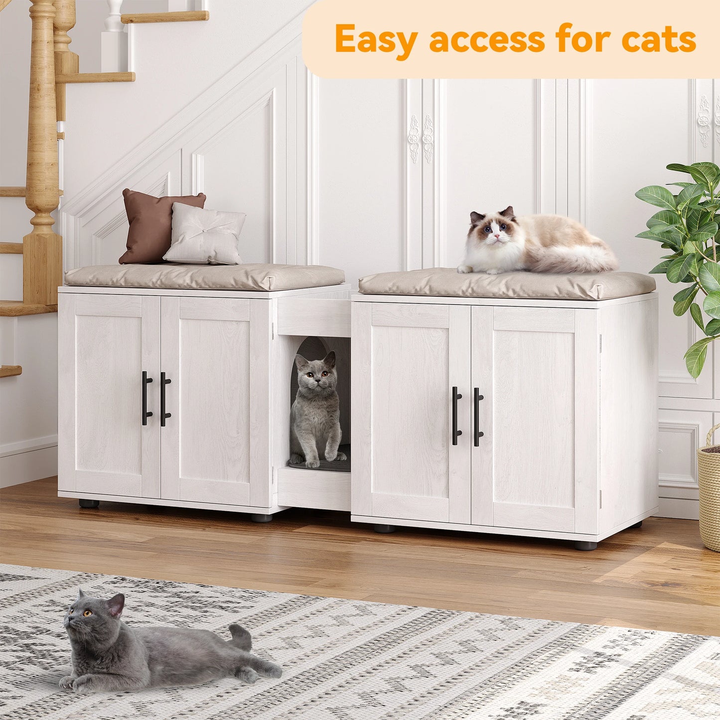 Cat Litter Box Enclosure for 2 Cats, 55" Hiddden Litter Box Enclosure Furniture 3-in-1 Wooden Litter Cabinet with Barn Door & Do