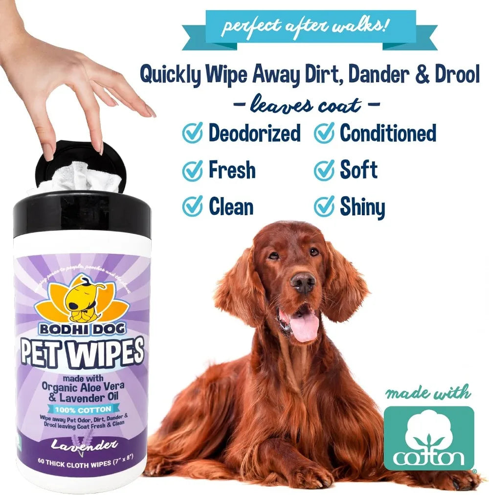 Pet Wipes for Dogs & Cats - Grooming, Cleaning & Deodorizing - No Parabens or SLS - Large Thick Wet Wipes - Lavender Scent (60 Count)