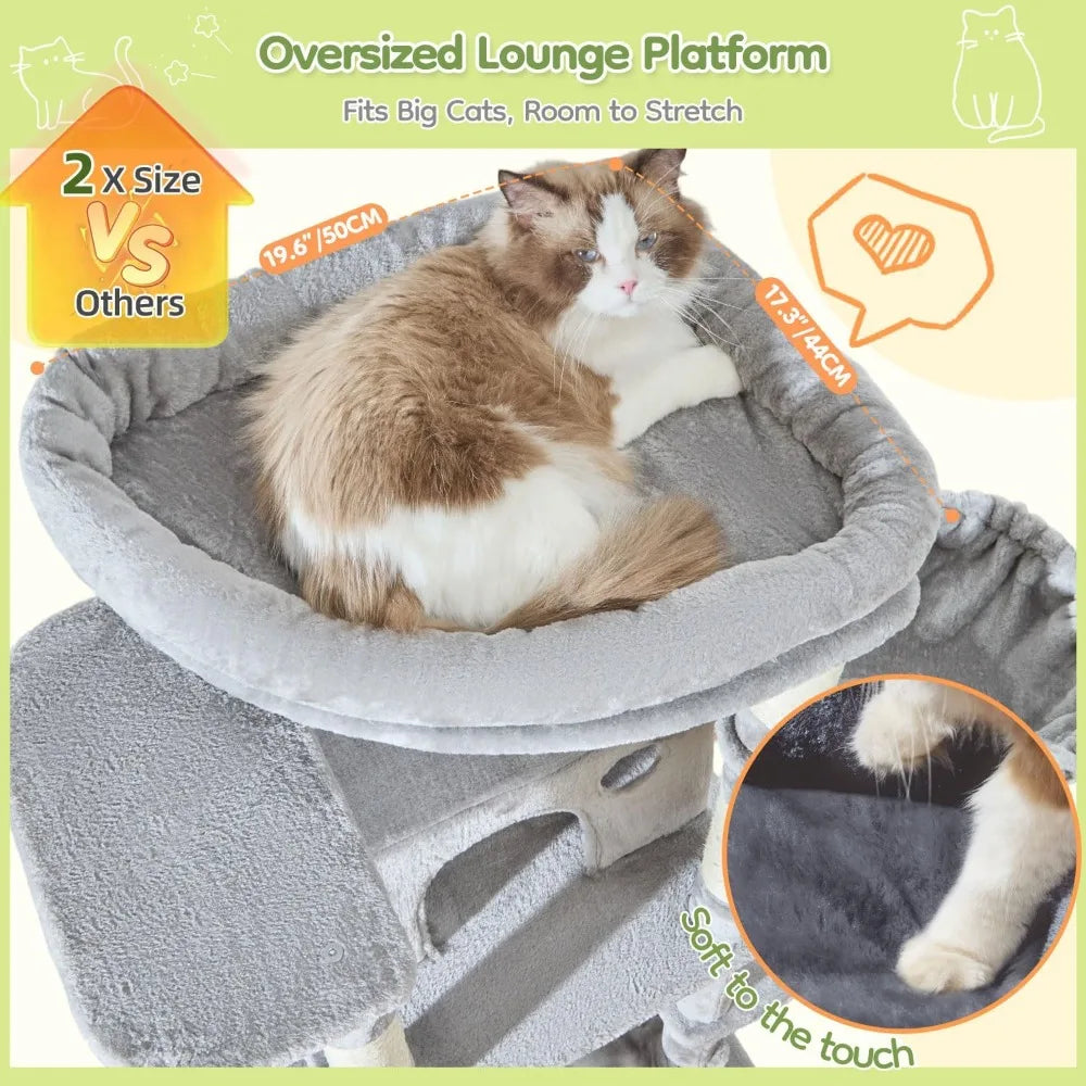 72-Inch XXL Cat Tower for Large Cats 25Lbs+, Extra-Large Platform, 2 Cat Houses, 7 Scratching Posts, Hammock & Basket, Light Gray
