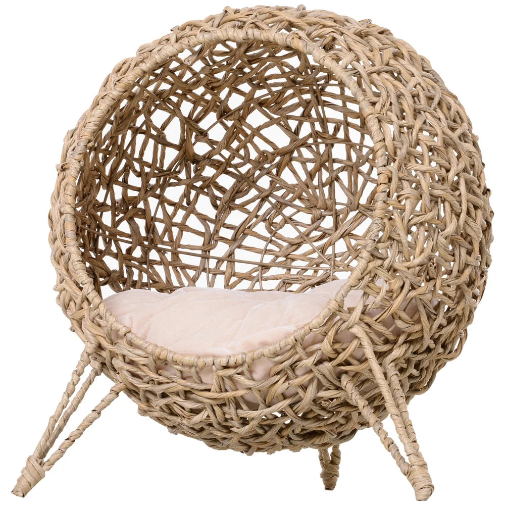 PawHut 20.5" Weaved Cat Bed: Elevated Hand-woven Braided Banana Leaf Kitten House Condo with Cushion, Beige