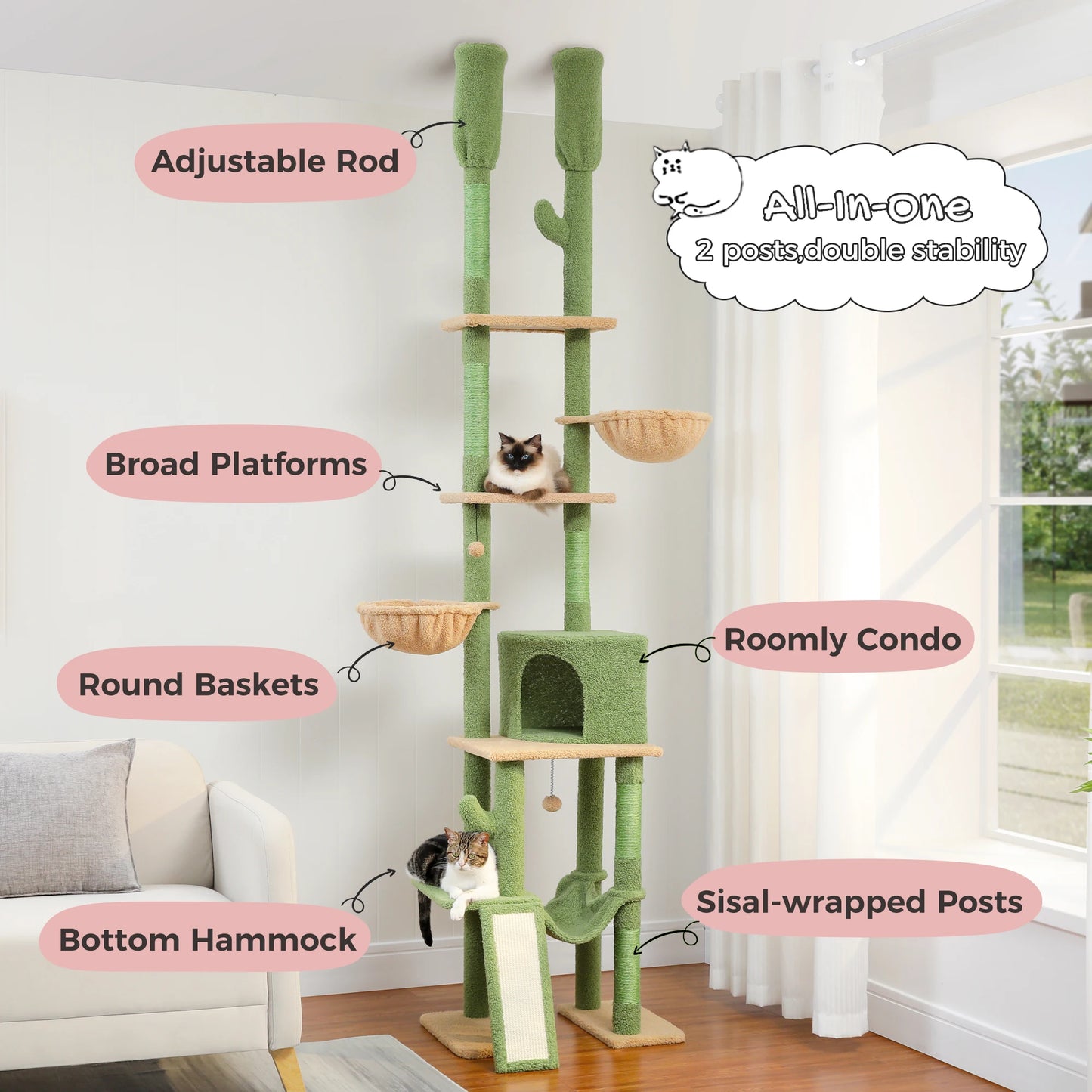 Floor-to-Ceiling Cat Tree with Hammock & Sisal Scratching Posts