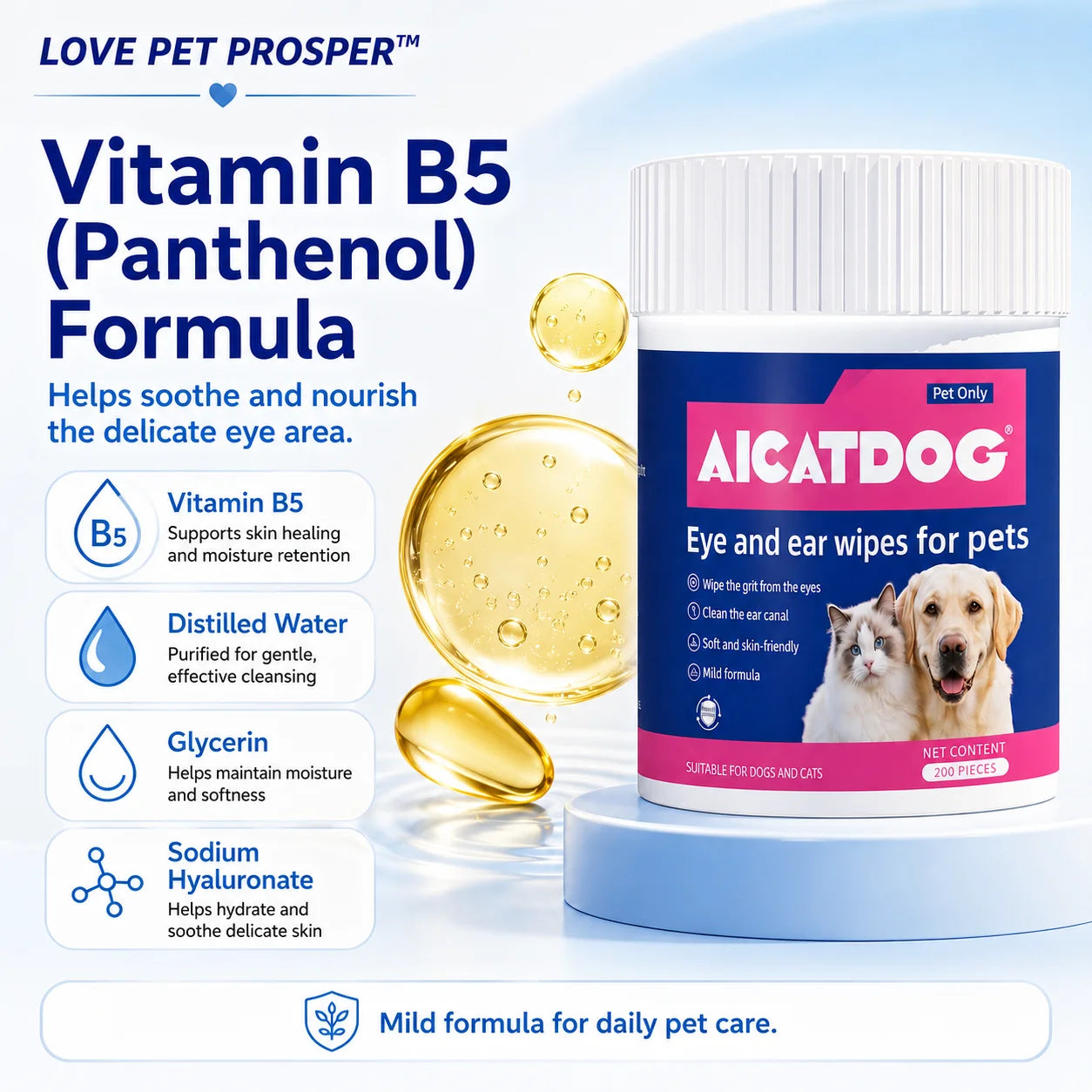 OVE PET PROSPER Pet Eye & Ear Wipes for Dogs and Cats, 200 Count, Alcohol-Free pH Balanced Grooming Wipes with Vitamin B5, Gentle Tear Stain, Eye Crust & Outer Ear Cleaner