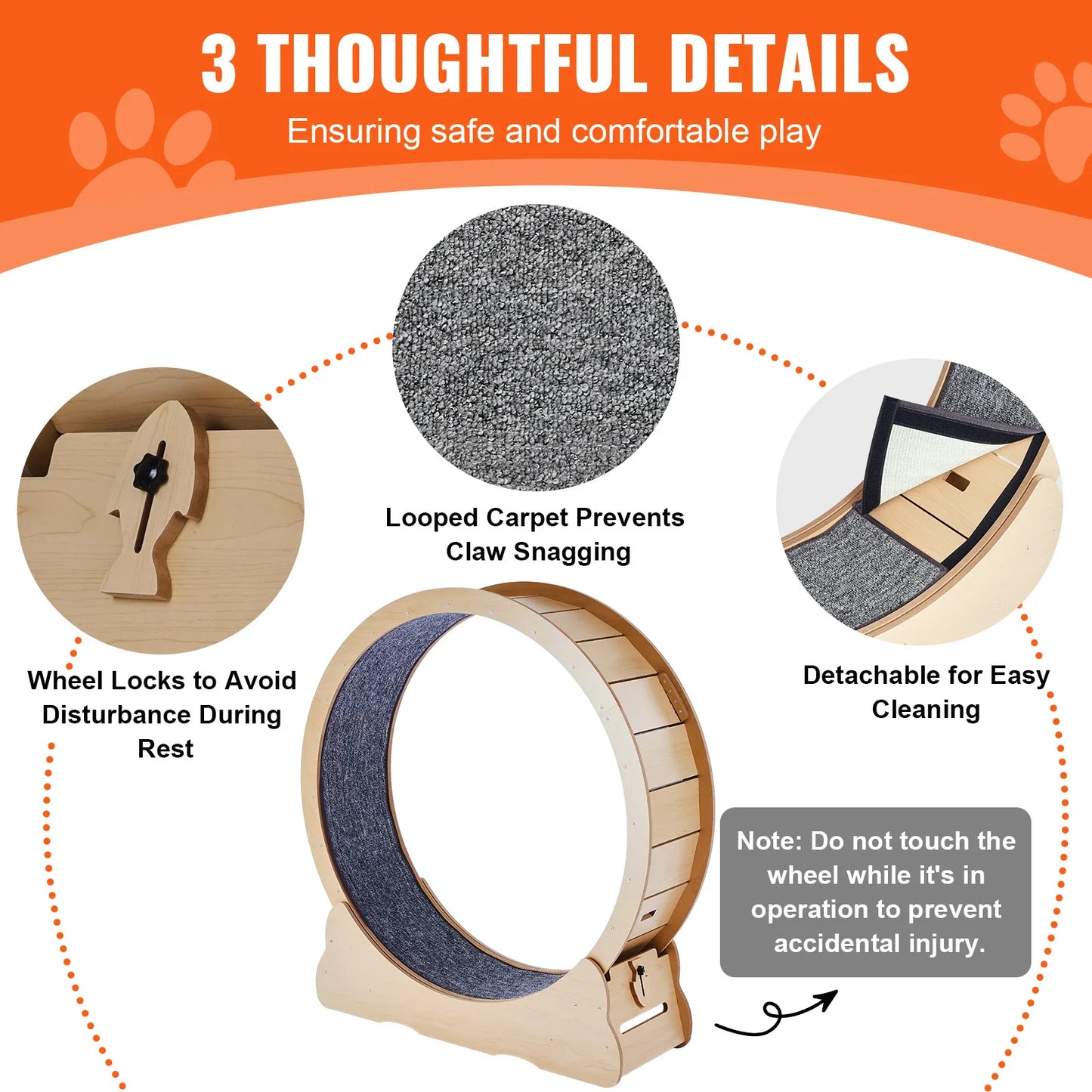 Large Wooden Cat Exercise Wheel with Detachable Carpet & Teaser