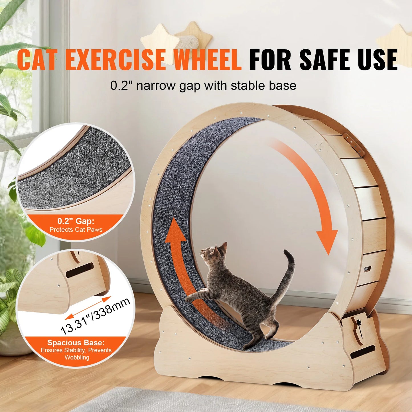 Large Wooden Cat Exercise Wheel with Detachable Carpet & Teaser