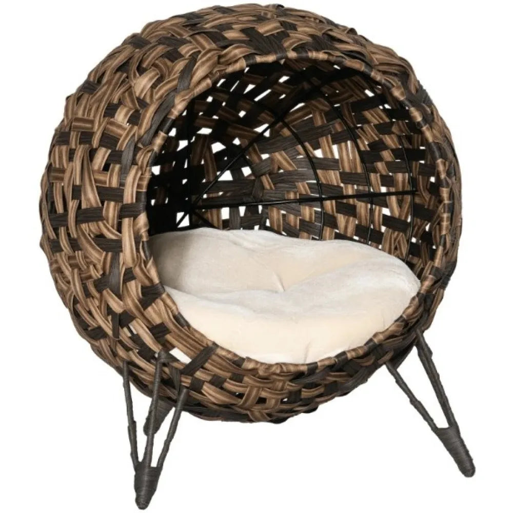Ye Elevated Hand-woven Braided Banana Leaf Kitten House Condo with Cushion, Weaved Cat Bed