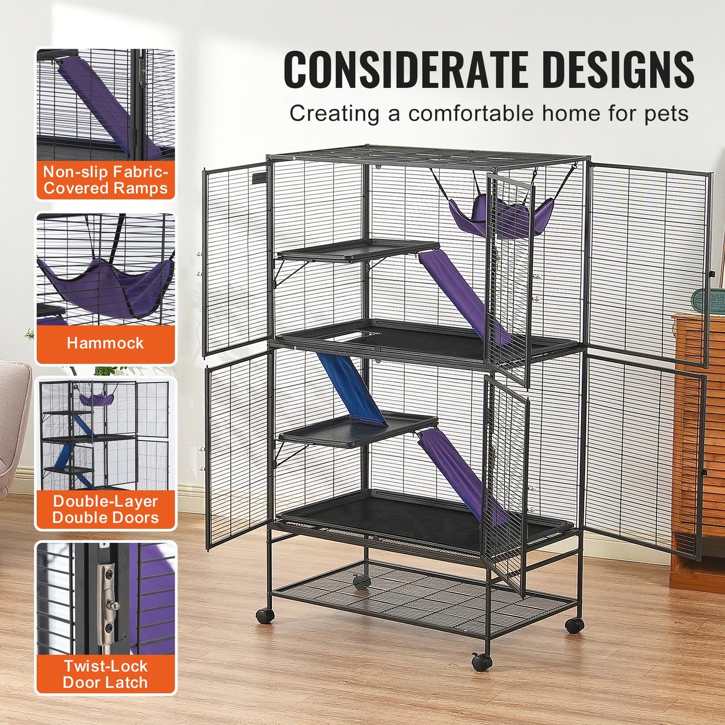 64.6" 4-Tier Rolling Metal Cage for Ferrets & Small Pets