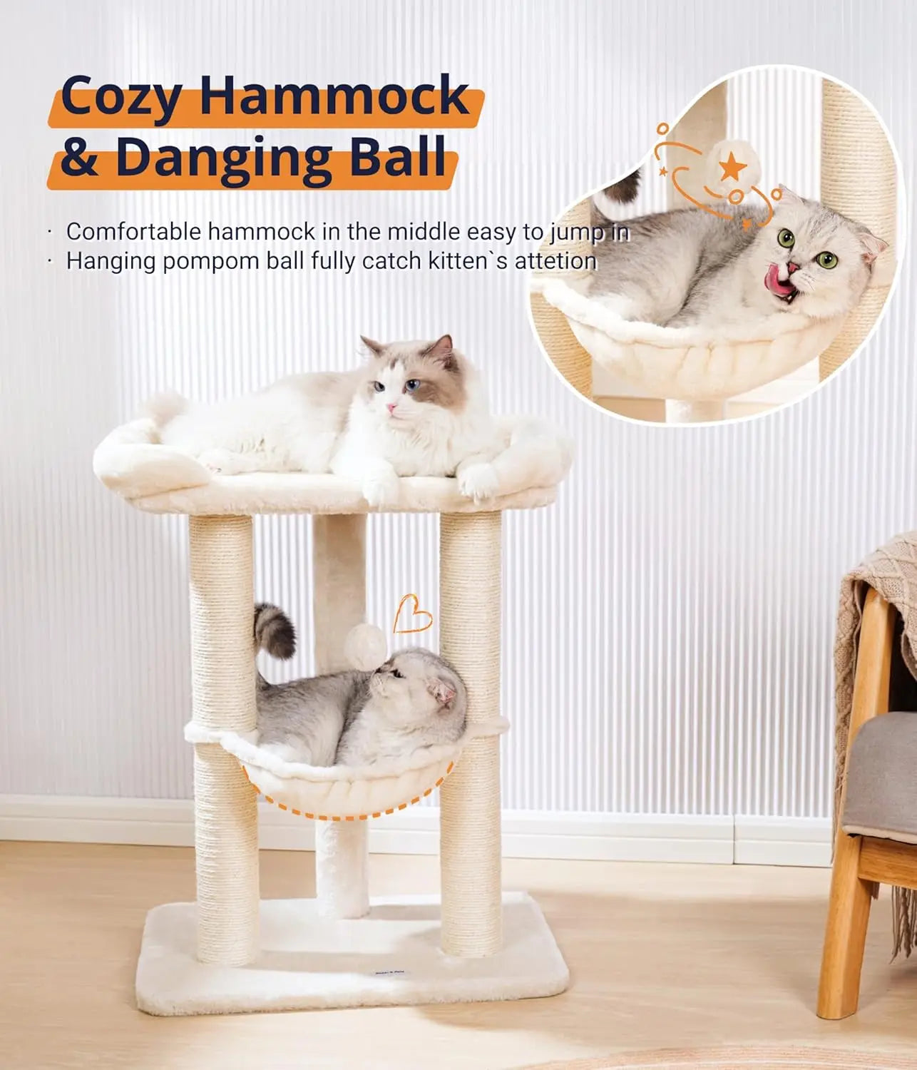28" Cat Tree with Large Bed for Big Cats, Scratching Post & Hammock, Stable Design, Beige
