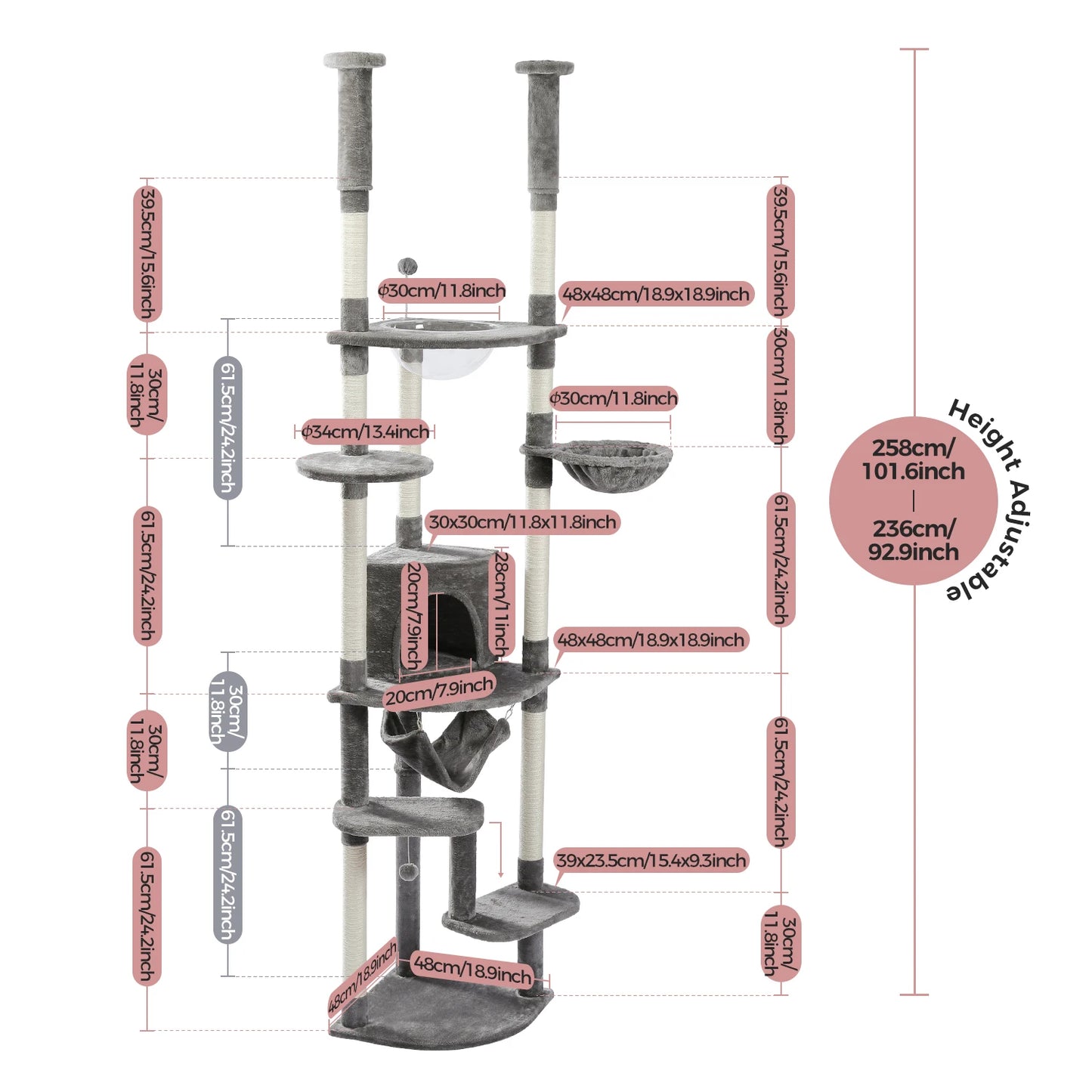 Tall Floor-to-Ceiling Cat Tree with Scratching Posts & Hammock