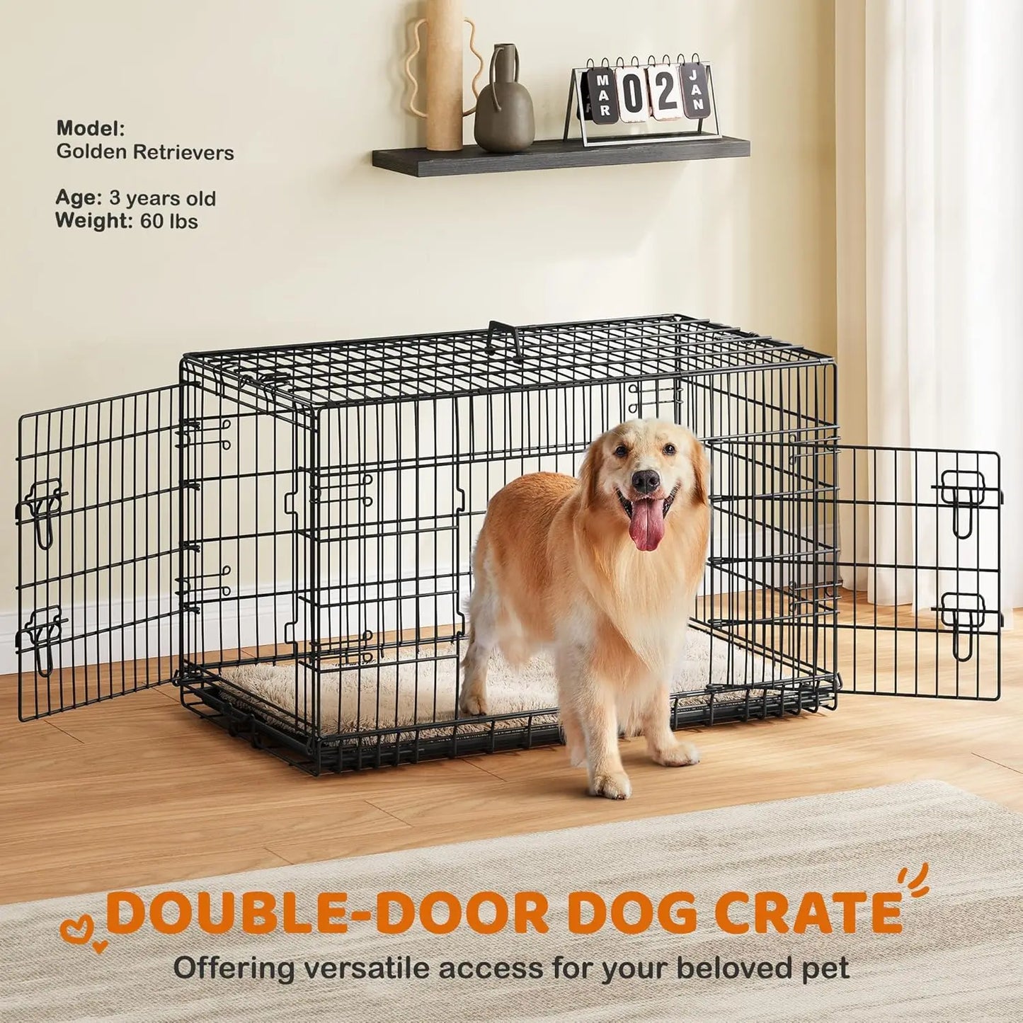 42" Double Door Dog Crate w/ Divider, Collapsible Metal Kennel for Large Dogs, Portable Travel Cage, Black