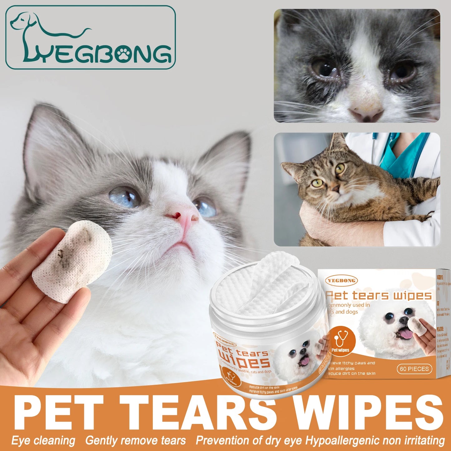 YEGBONG Pet Eye Wipe for Cats Dogs Remove Tear Marks Stain Cleaning Relieve Discomfort Deodorizing Eye Grooming Pets Wet Tissues