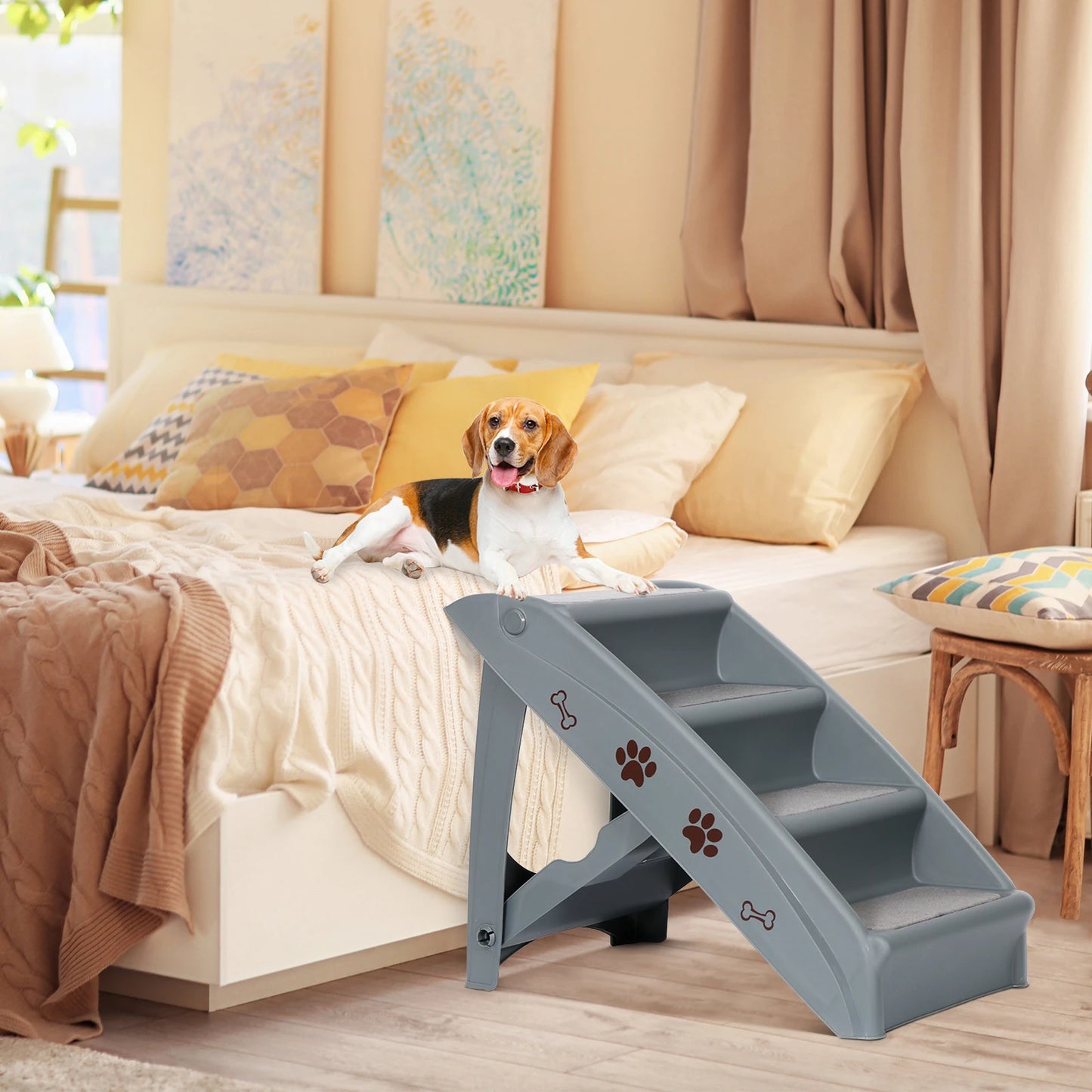 Dog Stairs Foldable Pet Steps Ramp Ladder Anti-Slip w/4 Step for High Bed Sofa
