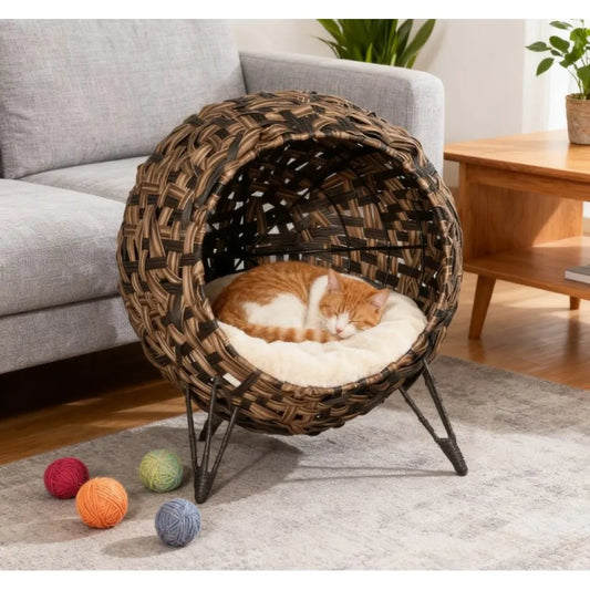 Ye Elevated Hand-woven Braided Banana Leaf Kitten House Condo with Cushion, Weaved Cat Bed
