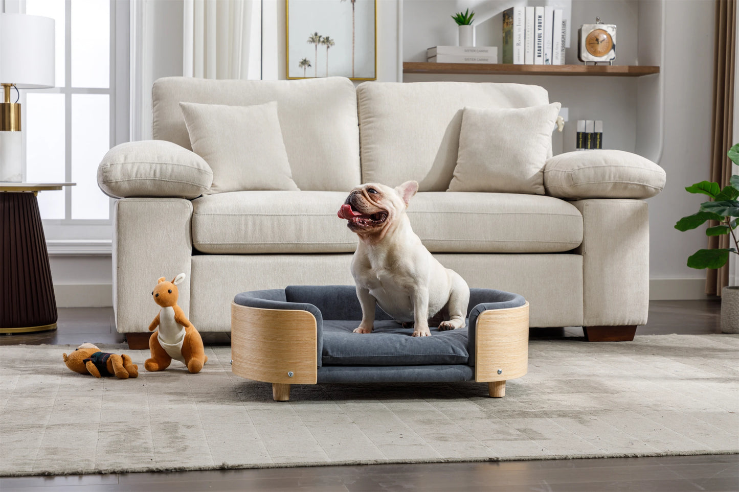 Scandinavian Style Elevated Dog Bed Pet Sofa with Solid Wood Legs, Bent Wood Back, Velvet Cushion, Mid-Size, Dark Grey