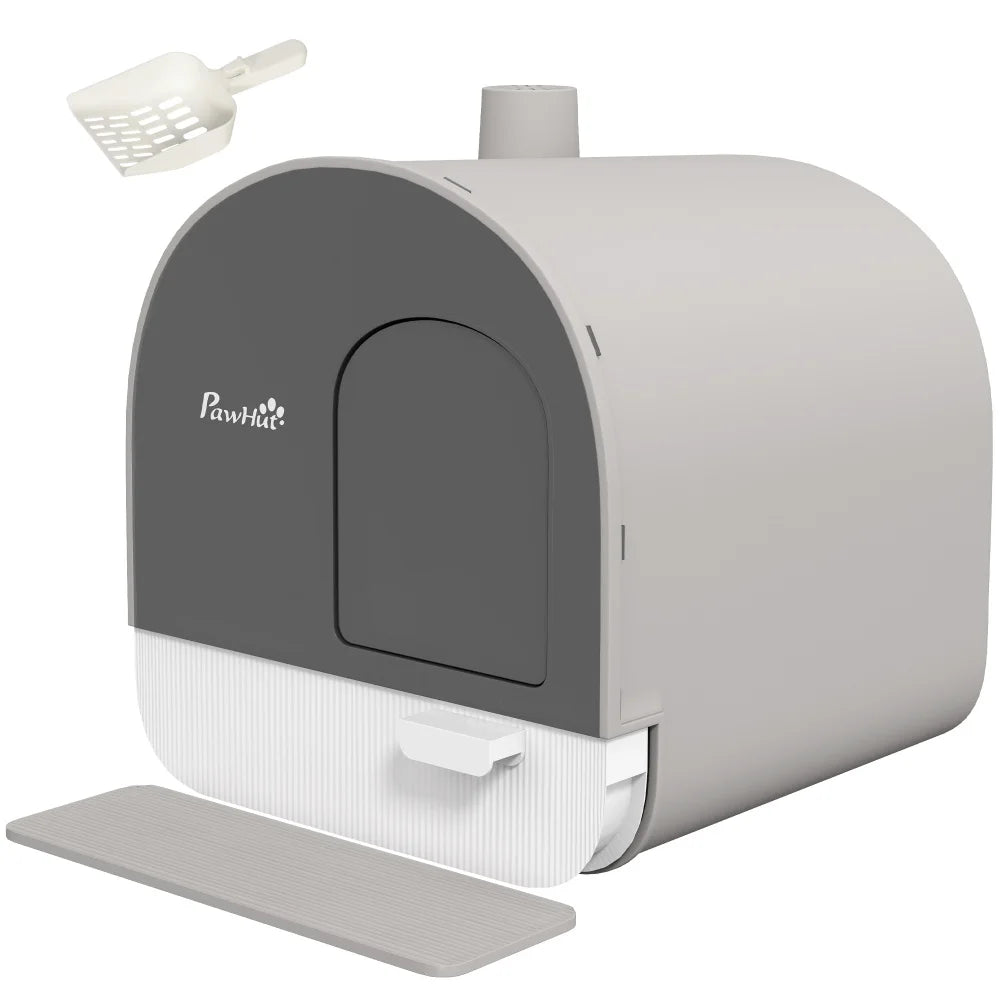 PawHut Cat Litter Box with Lid, Covered for Indoor Cats, Comes with Tray, Scoop, Filter, 17" x 17" x 18.5", Light Gray