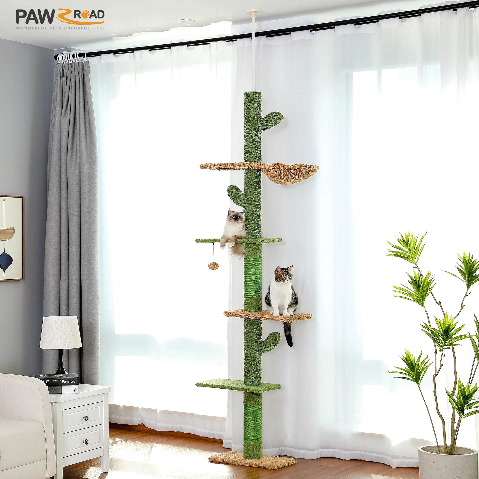 5-Tier Cactus Cat Tower with Scratching Posts & Hammock - front view