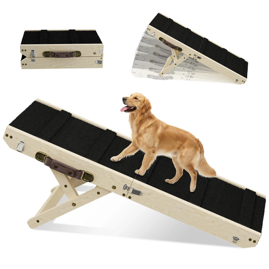 Wood Dog Ramp for Bed, 6-Level Adjustable Height (9" to 18.5") Pet Ramp with Non-Slip Surface for Couch, Bed and Car, Foldable Dog Stairs for Small Dogs, Senior Dogs & Injured Pets, Up to 33LBS