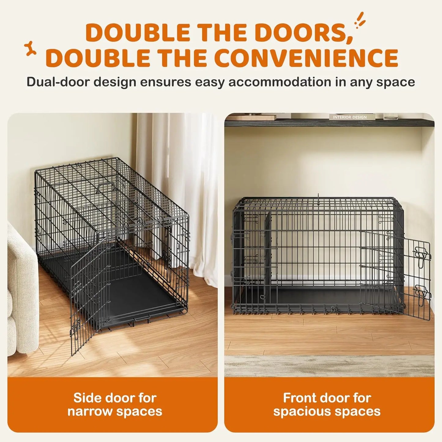42" Double Door Dog Crate w/ Divider, Collapsible Metal Kennel for Large Dogs, Portable Travel Cage, Black