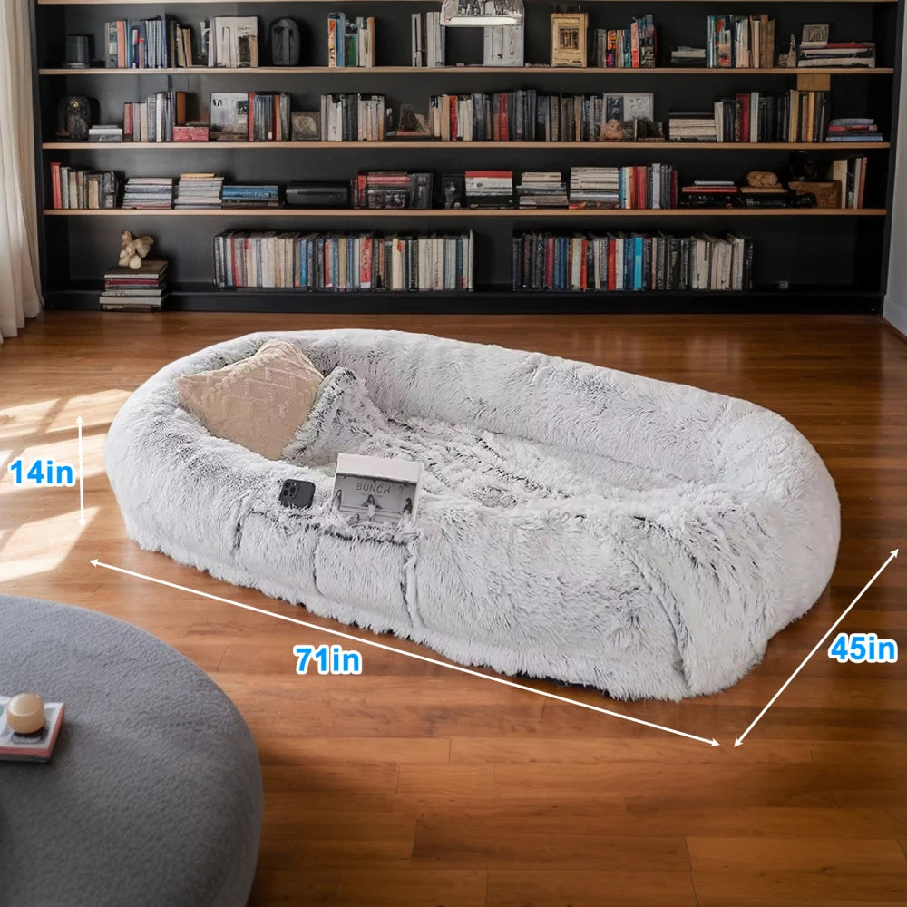 Ye Human Dog Bed, Washable Faux Fur, Orthopedic for Dozing & Napping, 71''x45''x14'' Fits You & Pets (Grey), Blankets & Pillows Not Included
