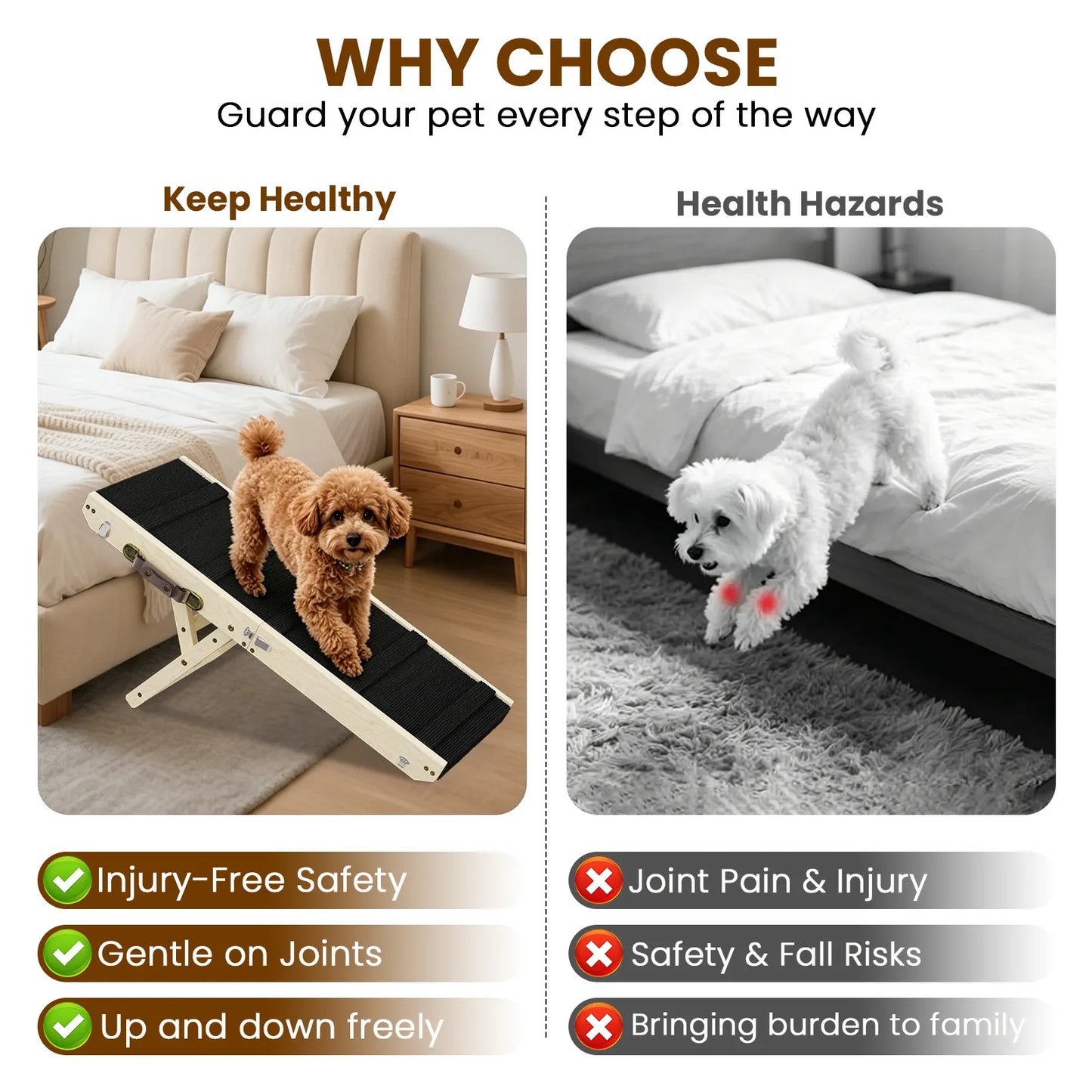 Wood Dog Ramp for Bed, 6-Level Adjustable Height (9" to 18.5") Pet Ramp with Non-Slip Surface for Couch, Bed and Car, Foldable Dog Stairs for Small Dogs, Senior Dogs & Injured Pets, Up to 33LBS