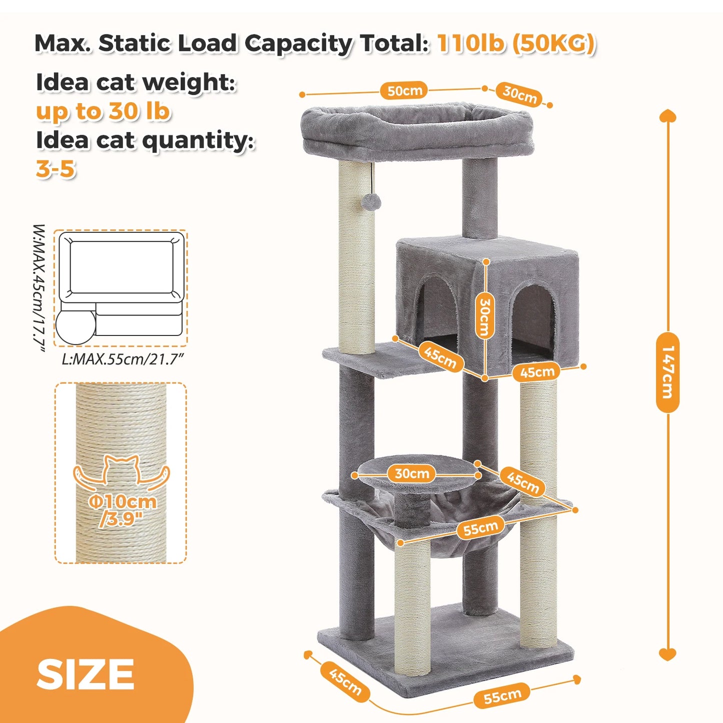 Heavy-Duty Large Cat Tree Tower with Condo, Hammock & Posts