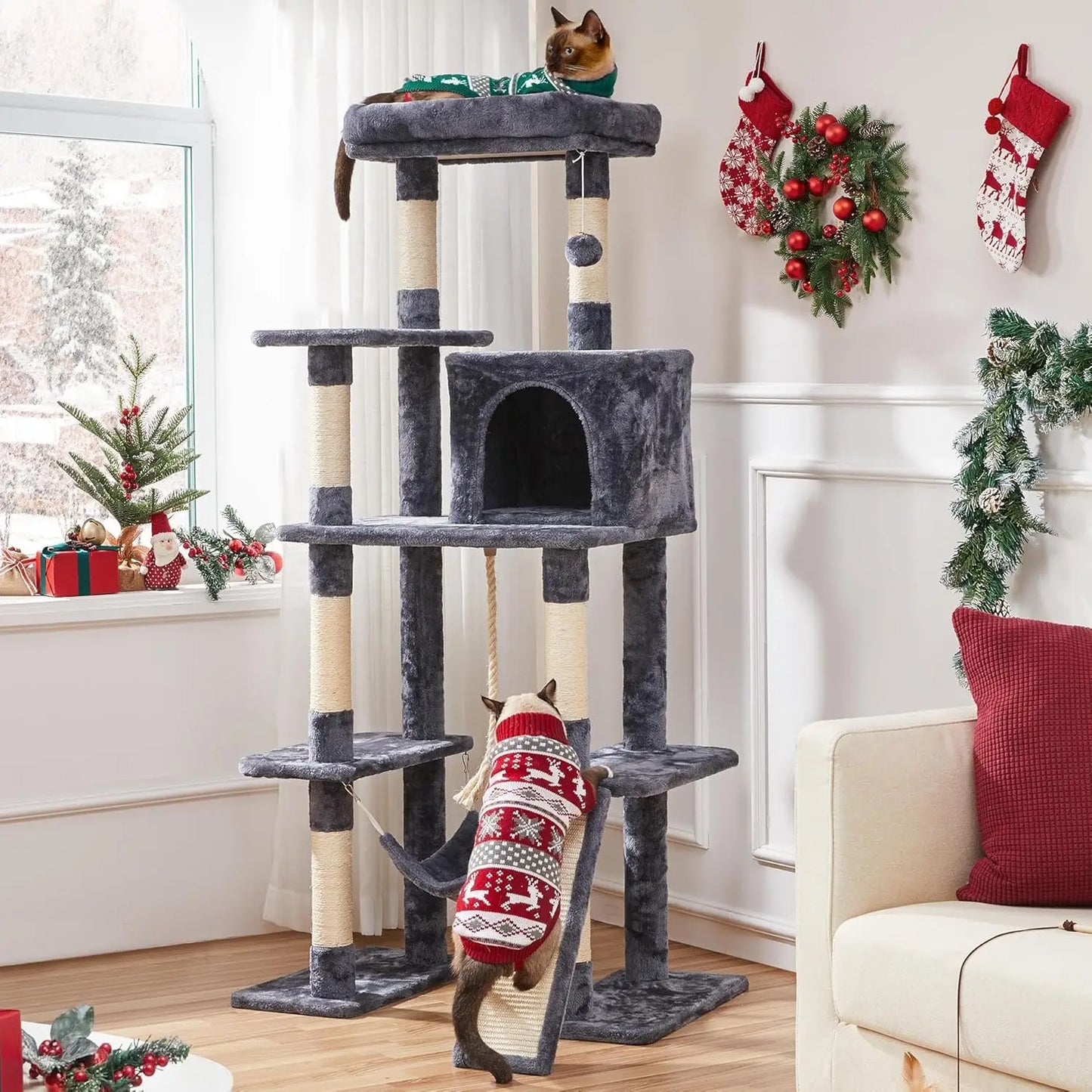 63-Inch Multi-Level Cat Tree with Scratching Posts, Hammock & Condo for Play and Sleep
