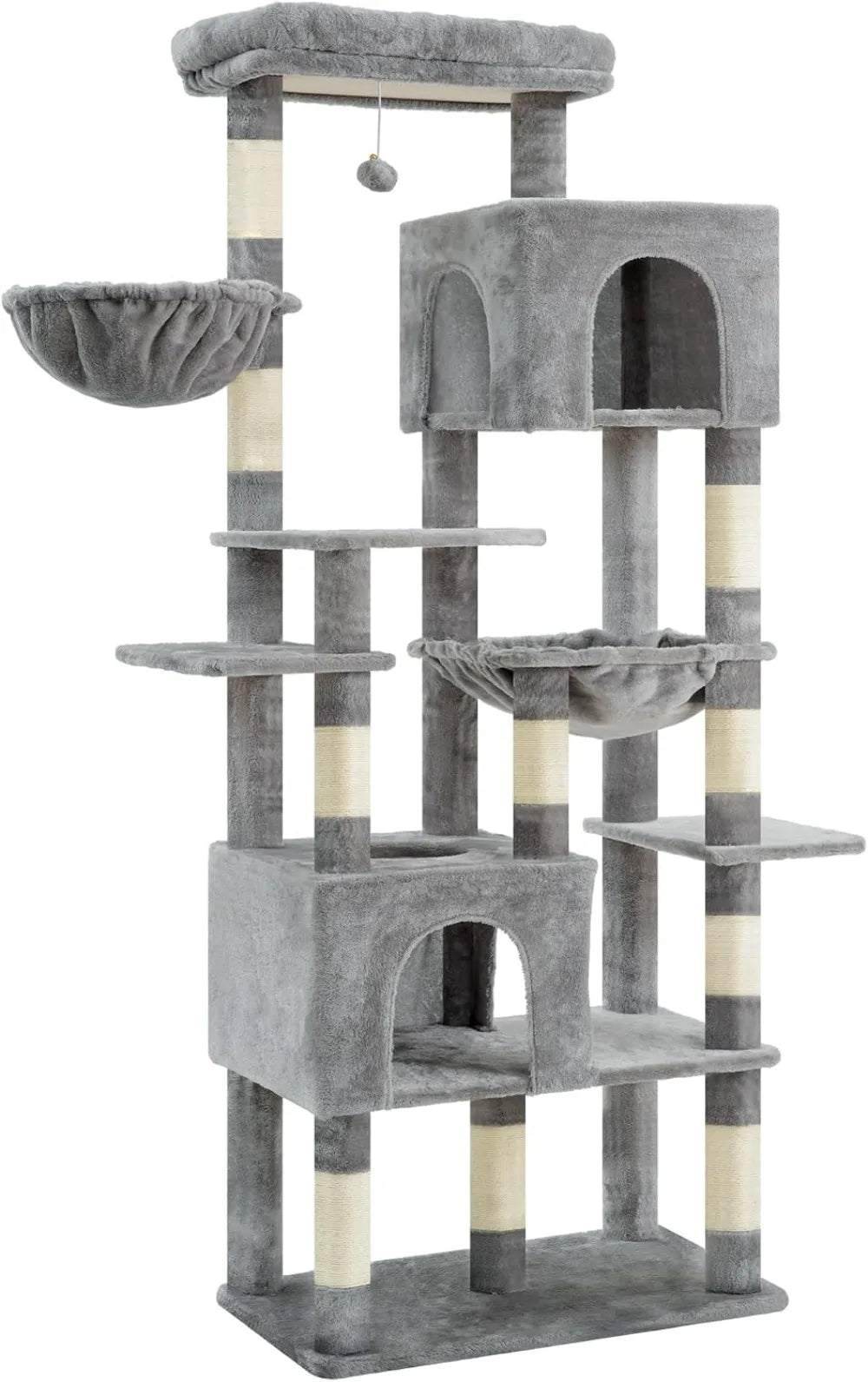 76" Cat Tree for Large Cats, Heavy Duty with Extra Wide Base, Multi-Level with 2 Condos & Hammocks, 10 Scratching Posts, Light Gray