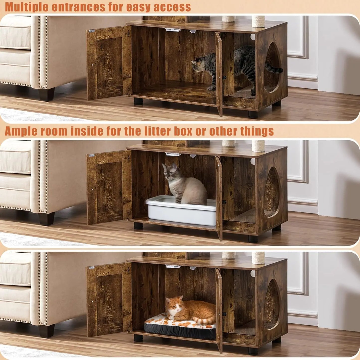 All-in-One Cat Litter Box Enclosure with Cat Tree, Scratching Posts, Wooden Furniture, Rustic Brown/Beige