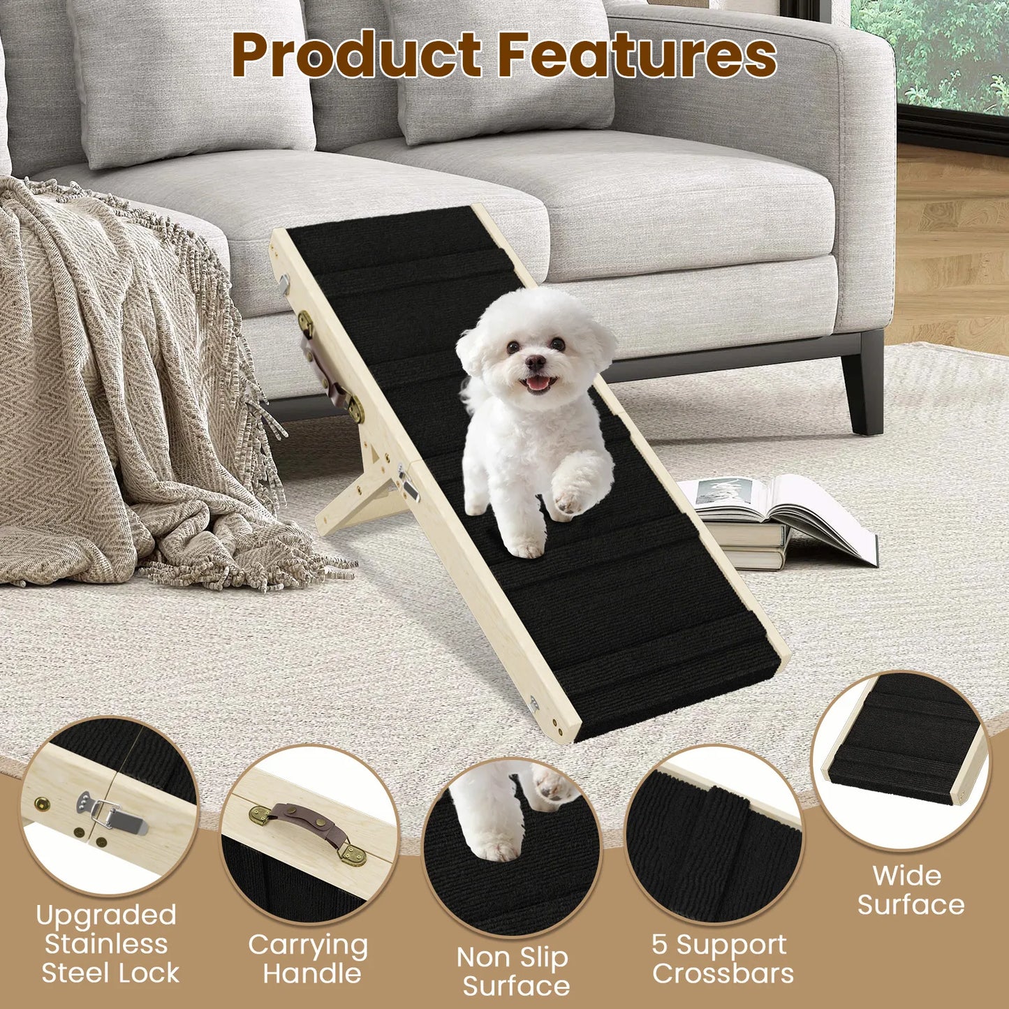 Wood Dog Ramp for Bed, 6-Level Adjustable Height (9" to 18.5") Pet Ramp with Non-Slip Surface for Couch, Bed and Car, Foldable Dog Stairs for Small Dogs, Senior Dogs & Injured Pets, Up to 33LBS