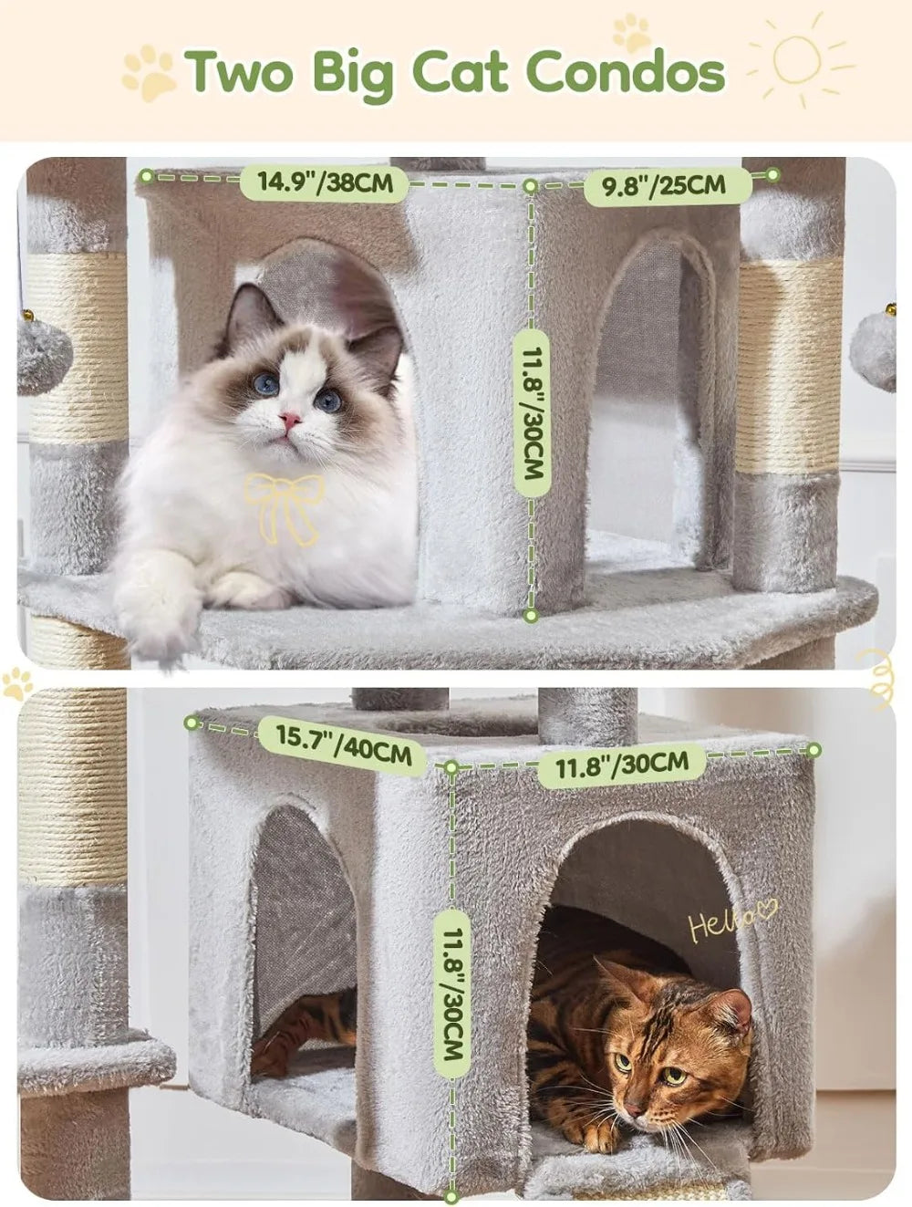 76-Inch XXL Cat Tree for Large Cats, Giant Tower with Scratching Board, Metal Hammock, 3 Perches, 7 Sisal Posts, 2 Condos, Light Gray