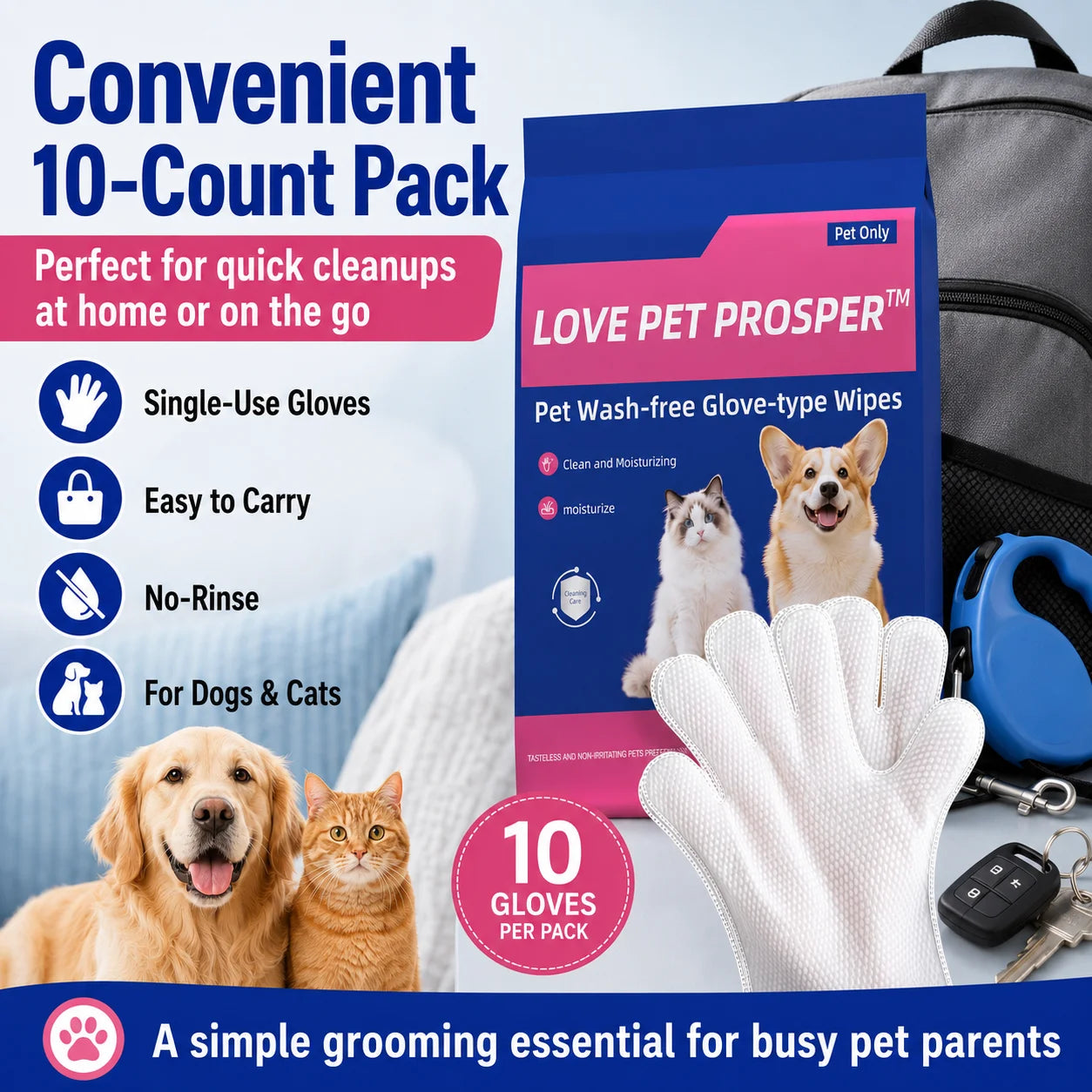 Pet Cleaning Glove Wipes for Dogs & Cats, No-Rinse Grooming Wipes Gloves, Disposable Textured Pet Bath Wipes for Paws, Coat, Dander & Odor Control, Soft Moisturizing Deodorizing Pet Wipes, 10 Count