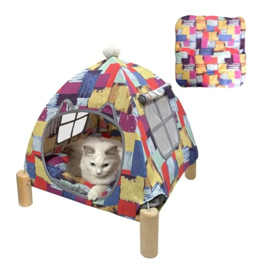 Cat/ Hammock Cat Bed, Wooden Dog Elevated Indoor Outdoor Beds, Raised Cat Cots Furniture Pet Bed Puppy Bed Portable Breathable