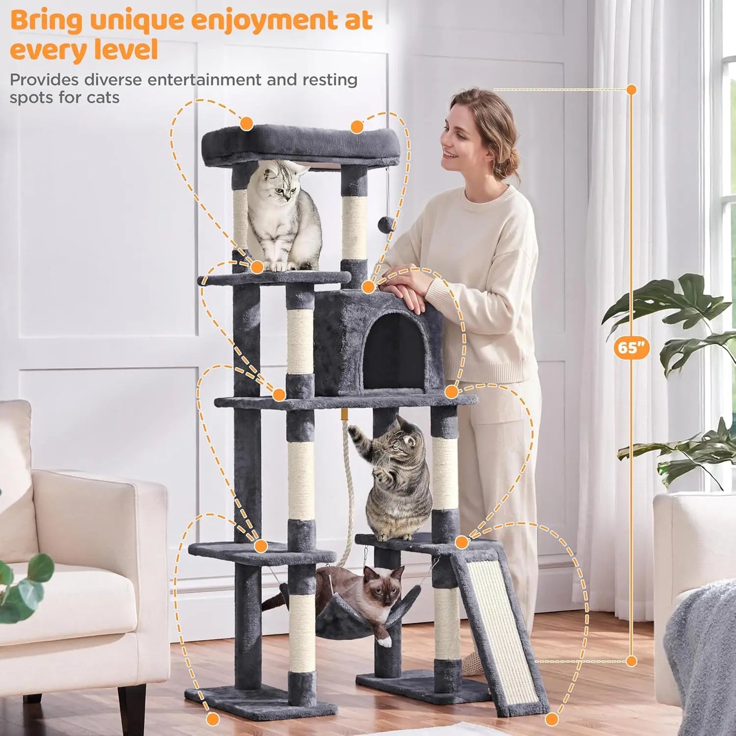 63-Inch Multi-Level Cat Tree with Scratching Posts, Hammock & Condo for Play and Sleep