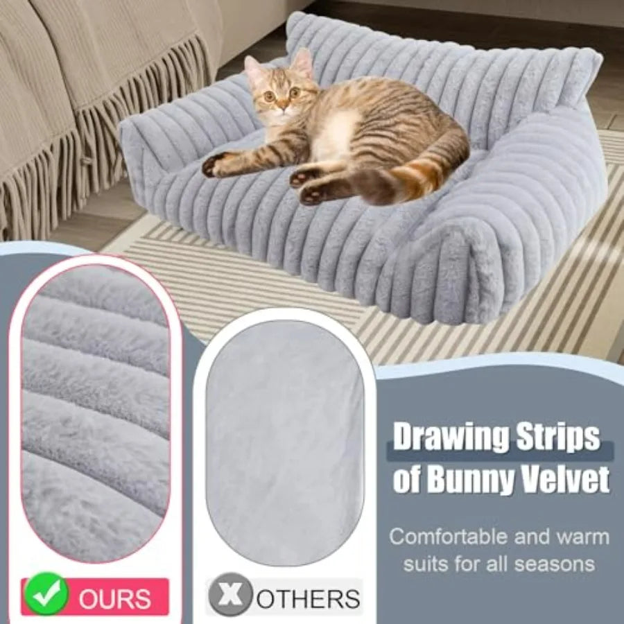 Cute Cat Couch Bed for Indoor Cats, Fluffy Pet Cat Sofa with Premium Soft Corduroy Fleece, Cute Dog Beds for Dogs, Fuzzy Puppy