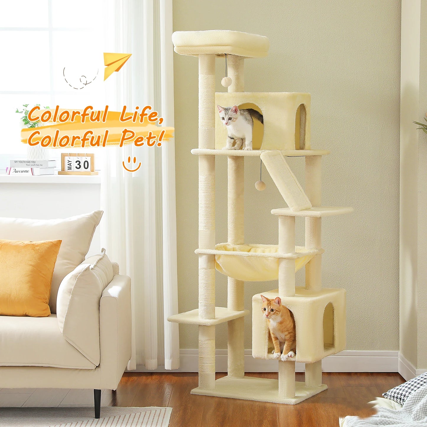Tall Multi-Level Cat Tower for Large Cats with 2 Condos & Bed