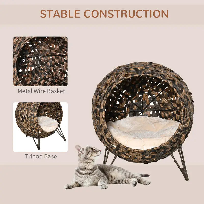 PawHut 20.5" Weaved Cat Bed, Elevated Hand-woven Braided Banana Leaf Kitten House Condo with Cushion, Brown