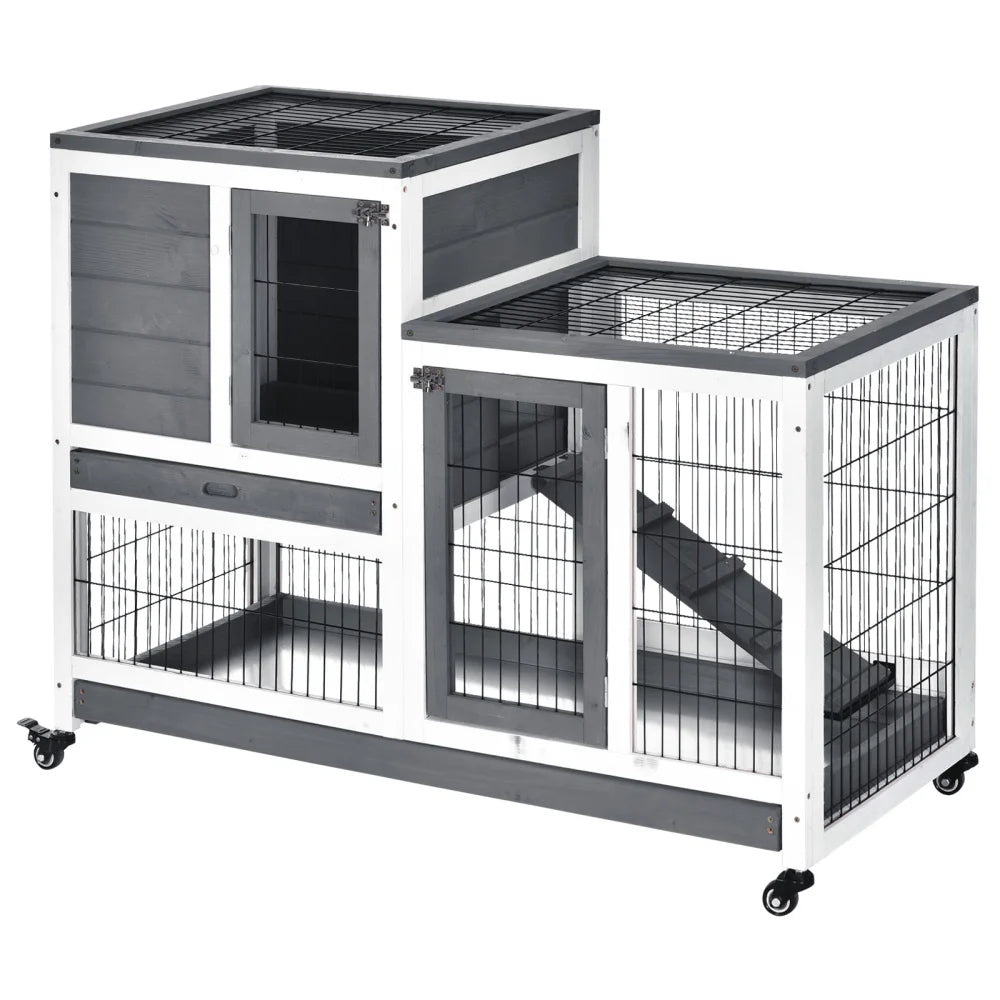 PawHut Wooden Rabbit Hutch: Elevated Indoor Small Animal Habitat with Enclosed Run, Wheels, Ramp, Removable Tray - Ideal for Guinea Pigs, Grey
