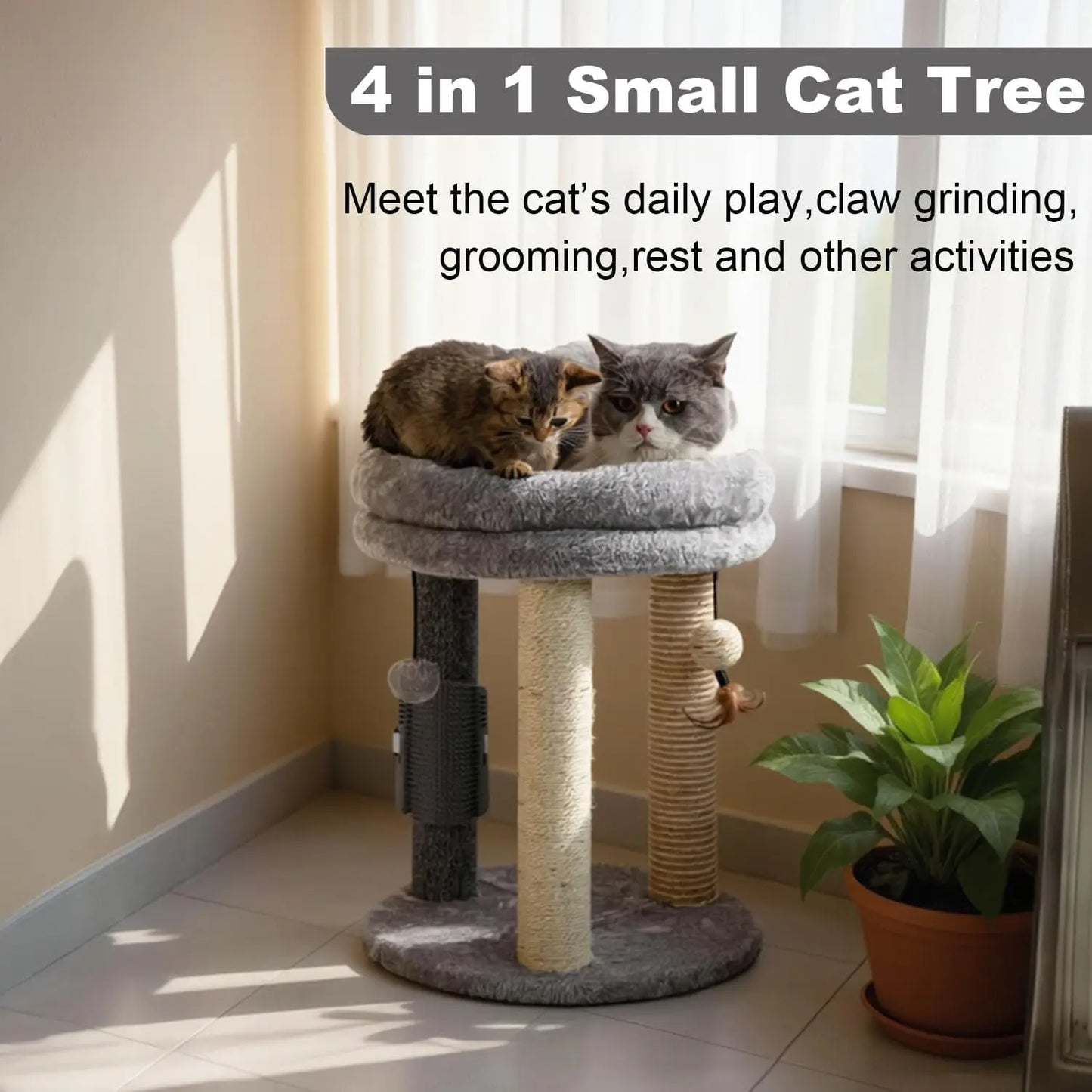 4in1 Cat Tree with Scratching Posts, Soft Bed, Hanging Toys & Massage Brush for Indoor Cats