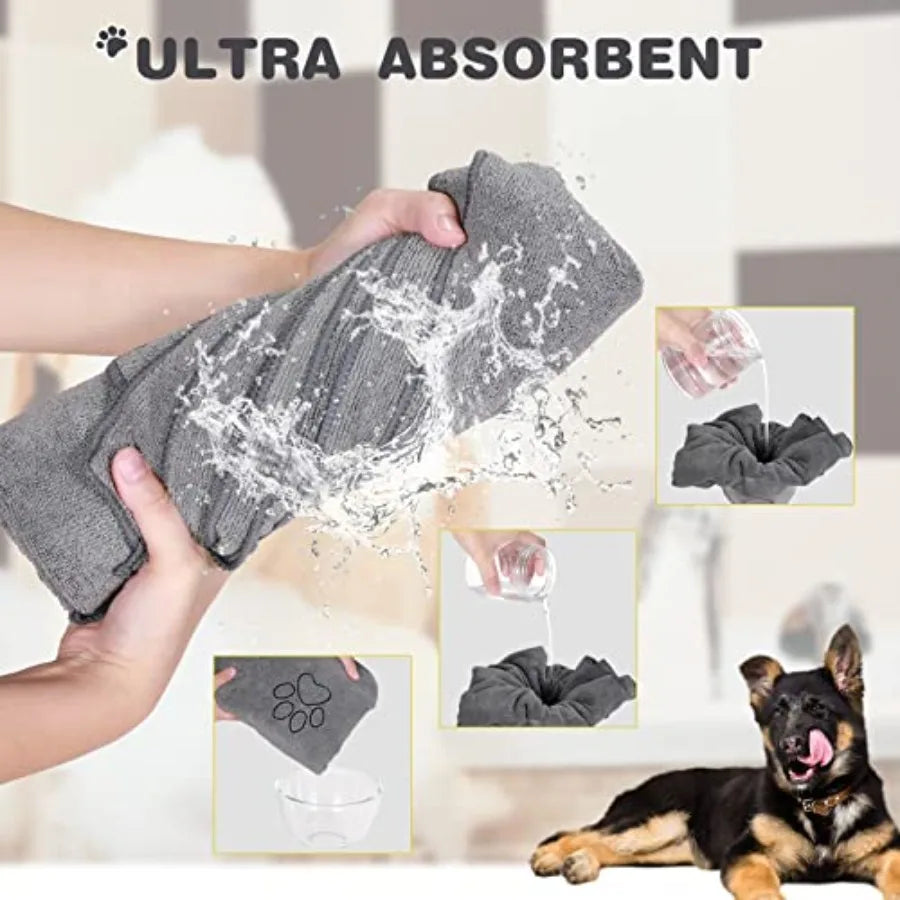 4 Pack Dog Towels for Drying Large Microfiber Grooming Tools Absorbent Soft Bath Supplies with Embroidered Paw for Small Medium