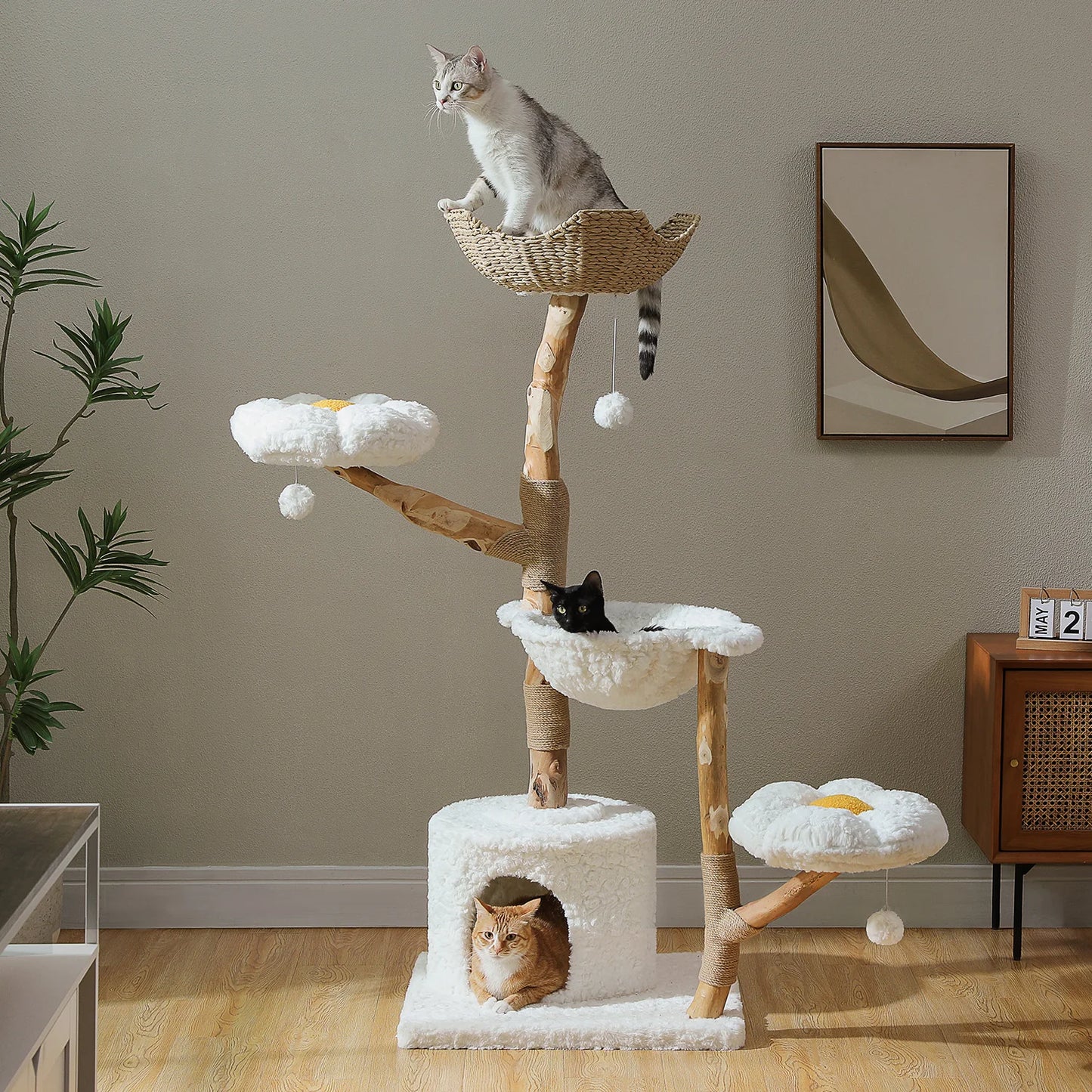 Large Modern Cat Tree Tower with Sisal Posts & Wicker Basket Bed