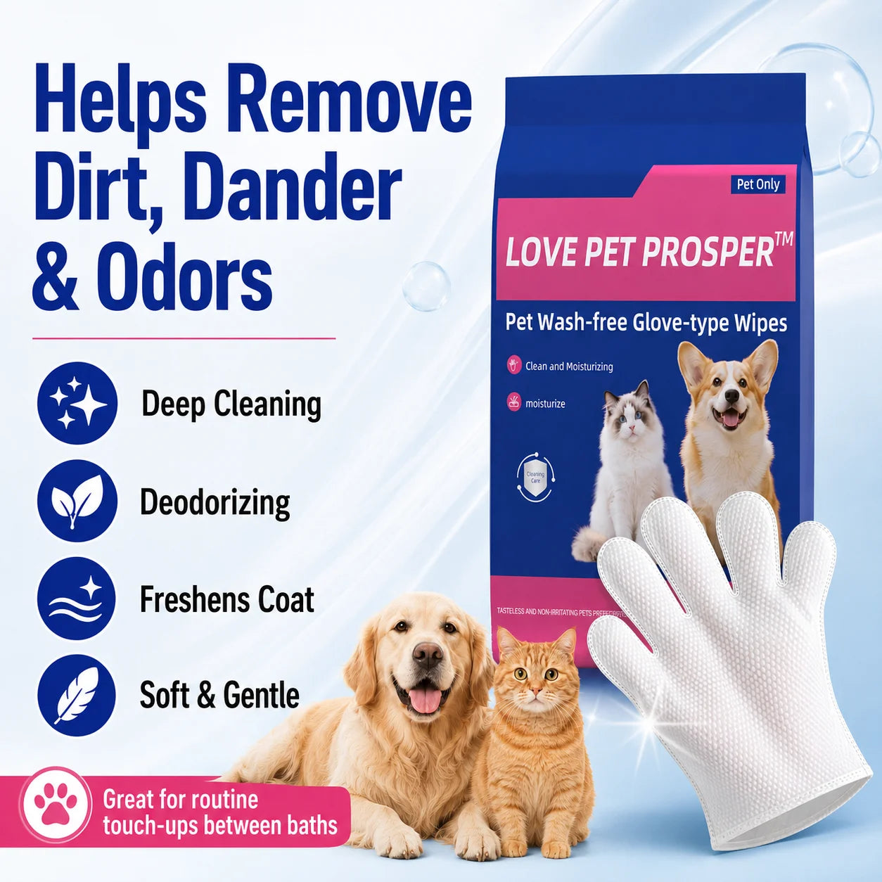 Pet Cleaning Glove Wipes for Dogs & Cats, No-Rinse Grooming Wipes Gloves, Disposable Textured Pet Bath Wipes for Paws, Coat, Dander & Odor Control, Soft Moisturizing Deodorizing Pet Wipes, 10 Count