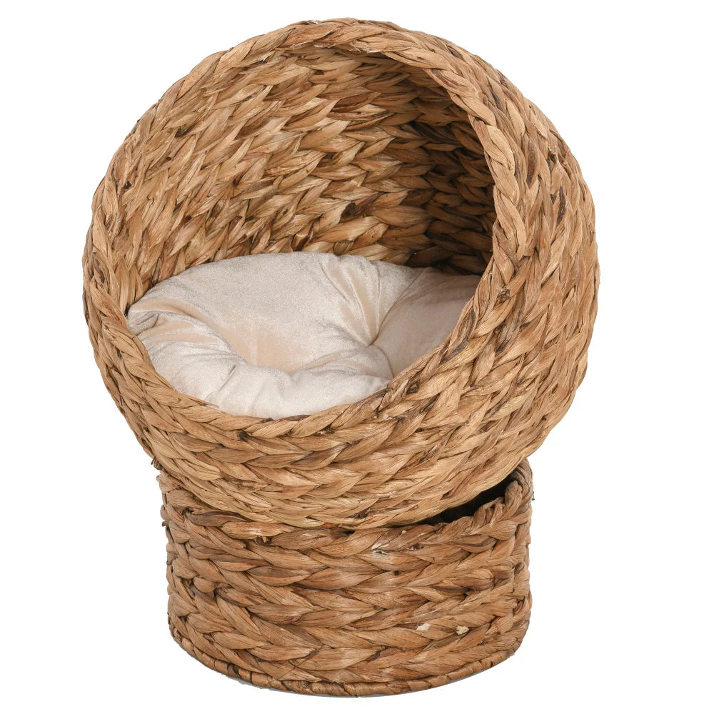 PawHut Handwoven Elevated Cat Bed with Soft Cushion, Egg Chair Shape, Stand, 23.5" H, Brown for Indoor Cats