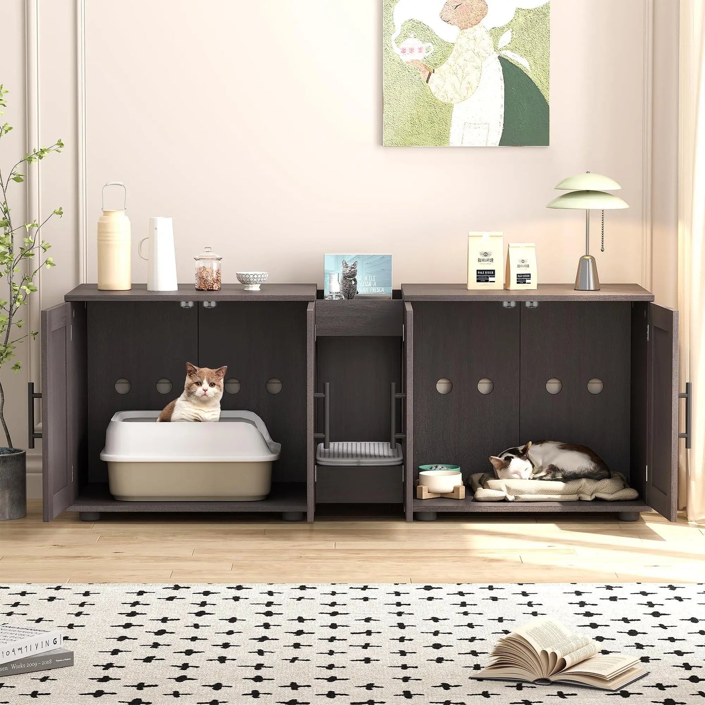 Cat Litter Box Enclosure for 2 Cats, 55" Hiddden Litter Box Enclosure Furniture 3-in-1 Wooden Litter Cabinet with Barn Door & Do