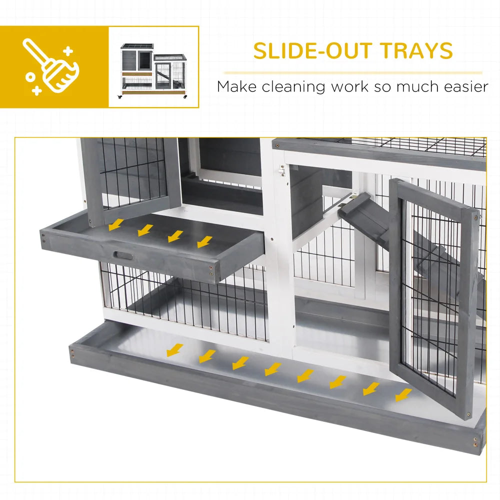 PawHut Wooden Rabbit Hutch: Elevated Indoor Small Animal Habitat with Enclosed Run, Wheels, Ramp, Removable Tray - Ideal for Guinea Pigs, Grey