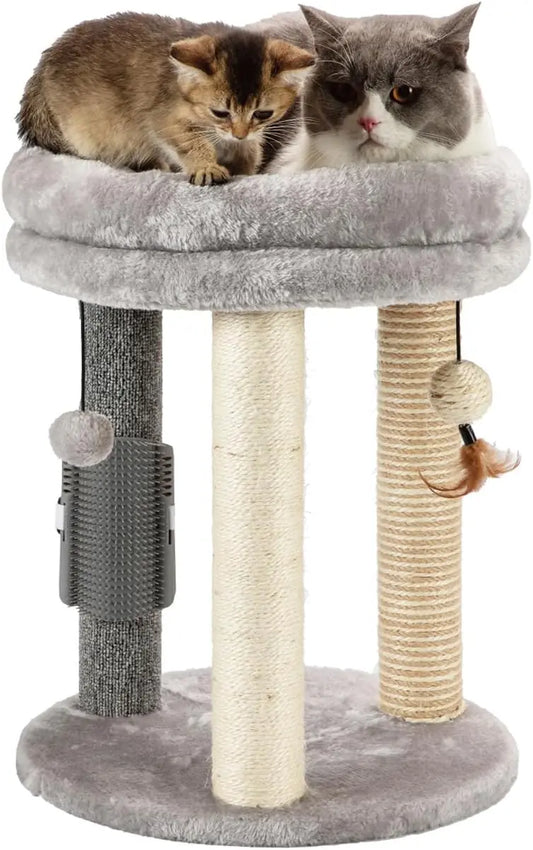 4in1 Cat Tree with Scratching Posts, Soft Bed, Hanging Toys & Massage Brush for Indoor Cats