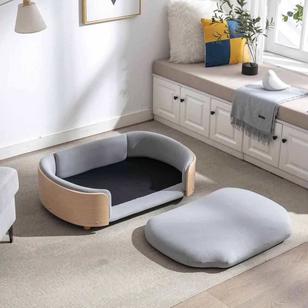 Scandinavian Style Elevated Dog Bed Pet Sofa with Solid Wood Legs, Bent Wood Back and Velvet Cushion, Large Size